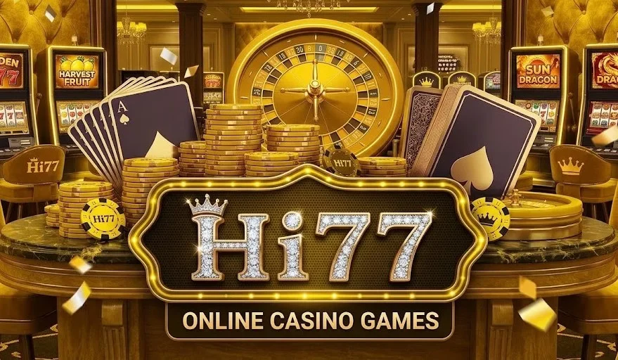 A triumphant winner amidst a shower of gold currency and a glowing roulette wheel — reflecting the elite Hi77 brand.